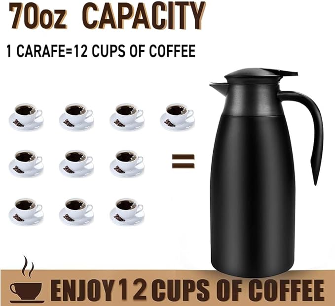 70oz Coffee Carafe Airpot Insulated Coffee Urn Stainless Steel Vacuum Thermal Pot Flask Dispenser for Coffee, Hot Water, Tea, Hot Beverage - Keep 12 Hours Hot, 24 Hours Cold-Black