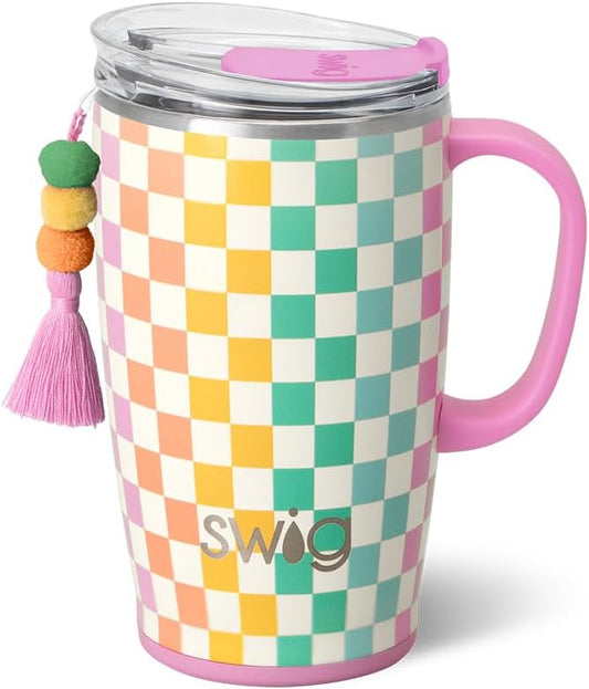 Swig Life 18oz Travel Mug, Insulated Tumbler with Handle and Lid, Cup Holder Friendly, Dishwasher Safe, Stainless Steel, Checkered Tumbler with Handle (Check Mate)