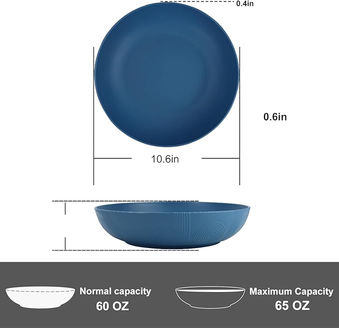 PYRMONT 65 OZ Salad Bowls Set of 6-10 inch Serving Bowl Large Bowl Wheat Straw Plates Bowls - Dishwasher Safe Plate - Wide and Shallow Bowls for Kitchen,Pasta,Noodles - Multi Color