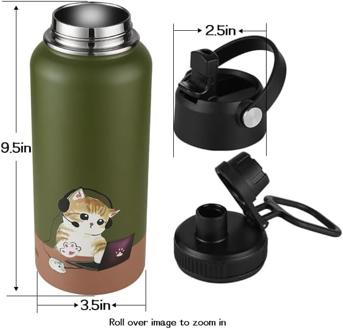 Funkrin Insulated Water Bottle with Straw Lid & Spout Lid, 32oz Personalized Vacuum Stainless Steel Travel Mug, Leak Proof Double Wall Bottle for Hot & Cold Beverages