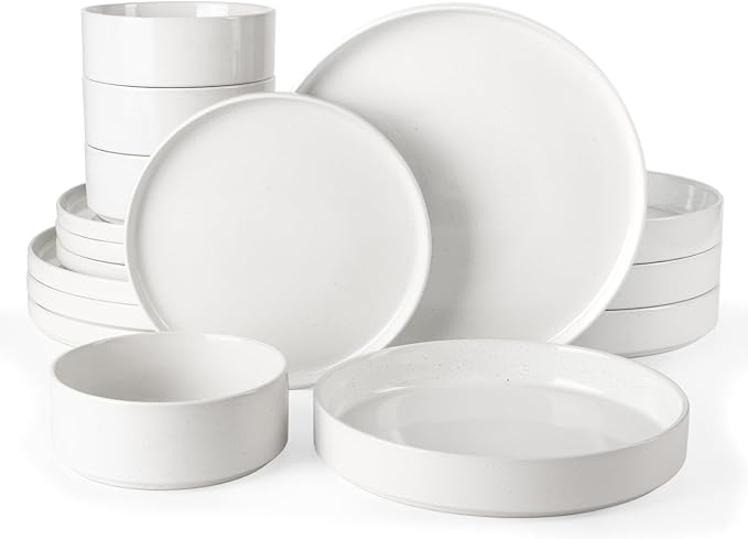 Famiware Nebula Dinnerware Set with Pasta Bowls, Service for 4 (16pcs), Fine Stoneware Plates and Bowls Sets, Microwave and Dishwasher Safe Dishes Set, White