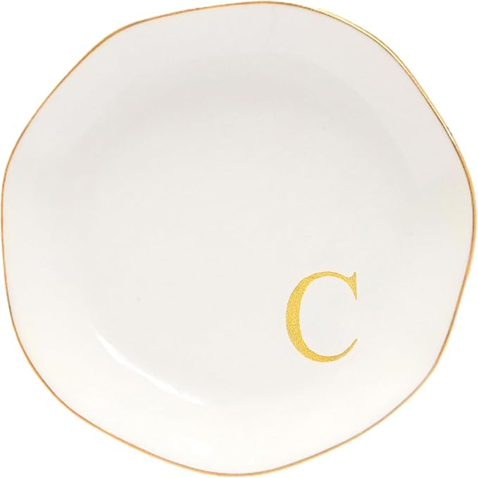 Ceramic Jewelry Tray Initial Ring Dish Personalized C-Monogrammed Engagement Wedding Gifts, for Birthday Mother's Day Christmas for Women, Ceramic White 4.75" (C)
