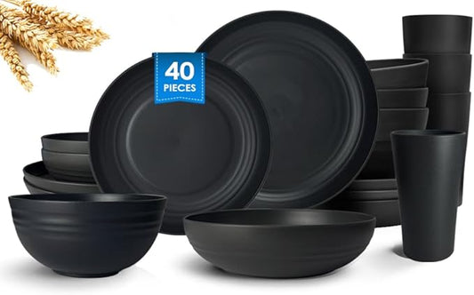 Teivio 40-Piece Kitchen Plastic Wheat Straw Dinnerware Set, Service for 8, Dinner Plates, Dessert Plate, Cereal Bowls, Pasta Bowls, Cups,Unbreakable Outdoor Camping Dishes, Black