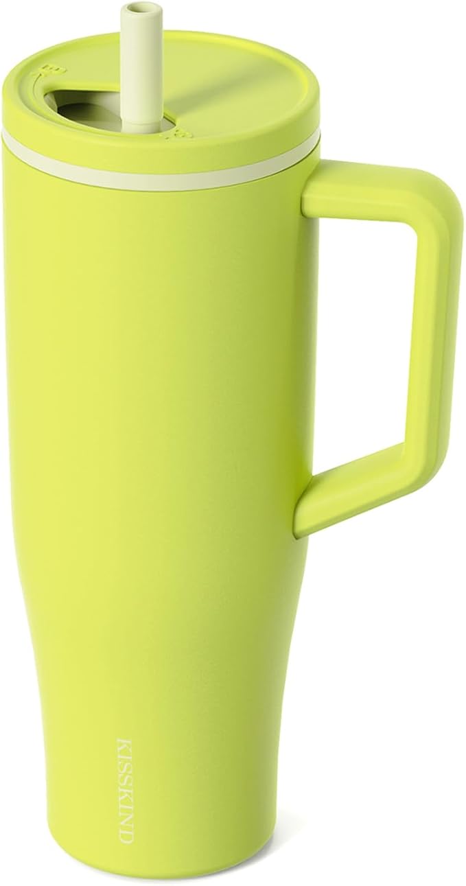 KISSKIND 40 oz Tumbler with Handle and Straw | Lumi Spin Hidden Straw 100% Leakproof Insulated Tumbler | Stainless Steel Water Bottle for Mom, Nurse, Teacher | Green Apple