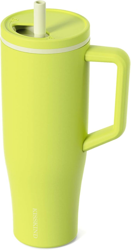 KISSKIND 40 oz Tumbler with Handle and Straw | Lumi Spin Hidden Straw 100% Leakproof Insulated Tumbler | Stainless Steel Water Bottle for Mom, Nurse, Teacher | Green Apple