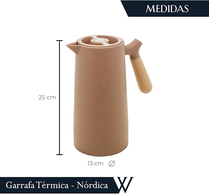 WOLFF - Thermal Coffee Carafe – 34oz/1L Insulated Food-Safe Plastic Exterior and Glass Liner, Wood-Style Handle – Keeps Drinks Hot or Cold for Hours, Coffee and Tea Dispenser - Nude Pink, 34floz/1L