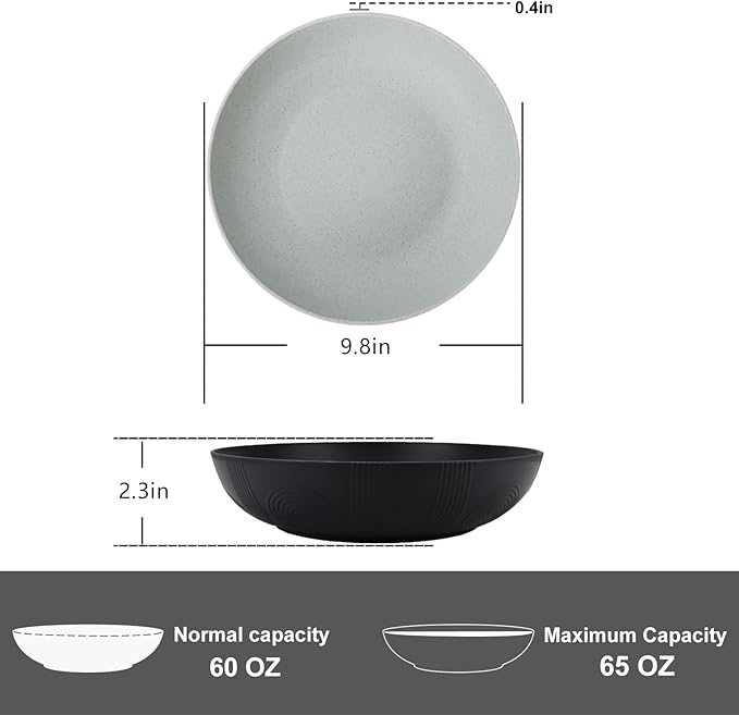 PYRMONT Wheat Straw Salad Bowls - 65oz Large Pasta Bowls - 10 Inches Serving Bowl Set of 6 - Wide and Shallow Bowl for Kitchen - Dishwasher Safe - Black to Grey