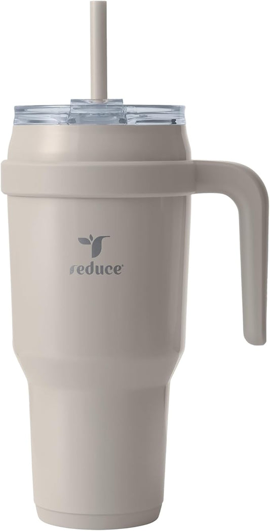 REDUCE 40 oz Stainless Steel Tumbler with Handle - Dual-Wall Vacuum Insulated Travel Mug, Sweat-Proof Lid & Reusable Straw - Keeps Drinks Cold for 24 Hrs, Fits Cupholders, Dishwasher Safe - Sand