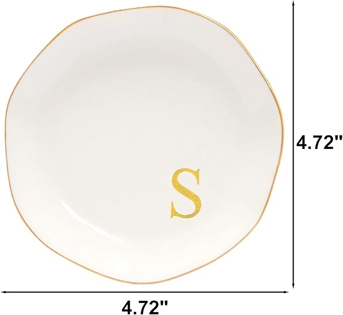 Ceramic Jewelry Tray Initial Ring Dish Personalized S-Monogrammed Engagement Wedding Gifts, for Birthday Mother's Day Christmas for Women, Ceramic White 4.75" (S)
