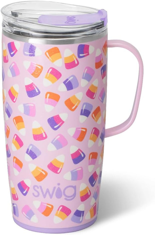 Swig Life 22oz Travel Mug, Halloween Insulated Tumbler with Handle and Lid, Travel Coffee Mug, Cup Holder Friendly, Stainless Steel 22 oz Tumbler, Reusable Insulated with Lid (Candy Corn)