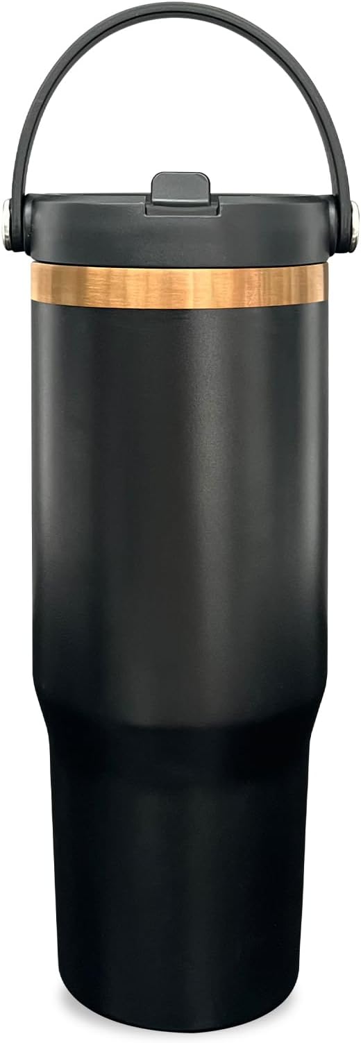 30 oz Tumbler with Handle and Straw, Vacuum Insulated Tumblers with Flip Straw and Top Handle, Leakproof Powder Coated Tumbler, Stainless Steel Travel Mug for Coffee Water (Black, 1 Pack)
