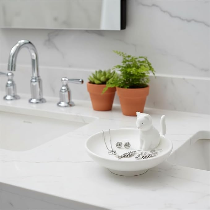 Cat Ring Holder White Room Decor, Cat Jewelry Holder, Ceramic Jewelry Tray Trinket Bowl, Ring Dish Tower Rack for Women,Home Decoration Gift for Mom,Gift for Birthday, Christmas, Halloween