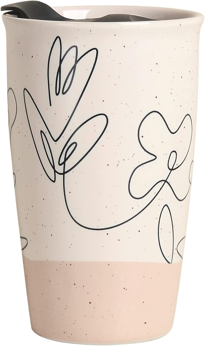 ANTIS'S HOME Ceramic Coffee Mug with Lid, Flower Pattern Double Wall Coffee Travel Mug Ceramic Tumbler 9.64oz, Reusable Tall Cup, Splash Resistant Lid, Dishwasher Microwaveable Safe