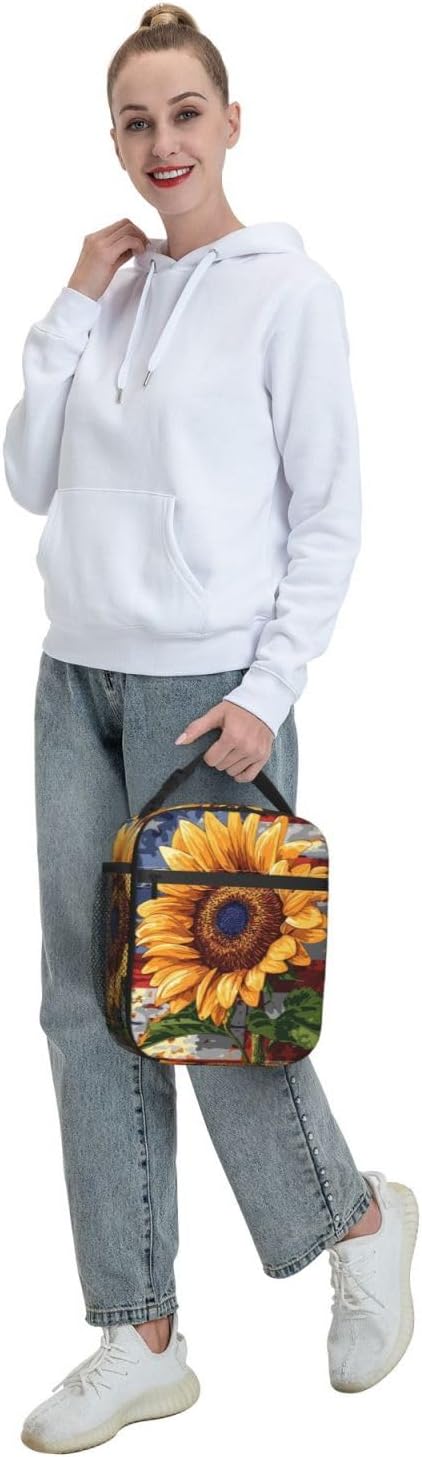 Sunflower Lunch Box for Kids Aldults, Patriotic Floral Reusable Thermal Insulation Cooler Tote Bags, American Flag Rustic Bloom Insulated Bag for Student, School Picnic Camping Travel, Gifts