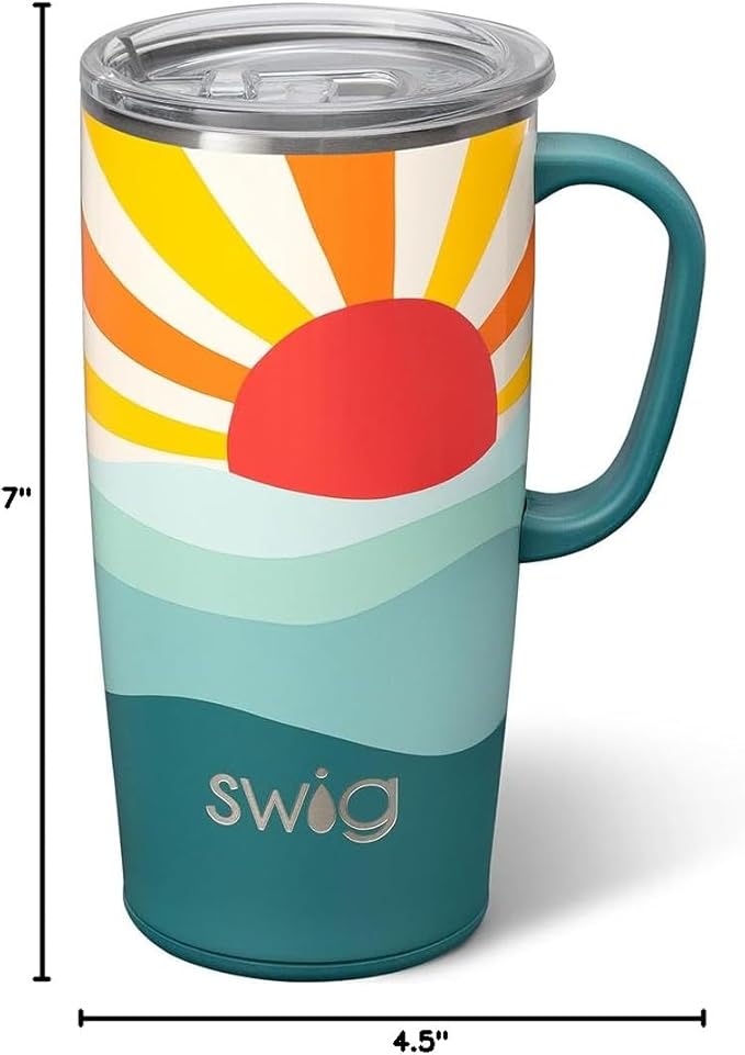 Swig Life 22oz Travel Mug, Insulated Tumbler with Handle and Lid, Cup Holder Friendly, Dishwasher Safe, Stainless Steel, Travel Coffee Cup, Insulated Mug with Lid (Sun Dance)