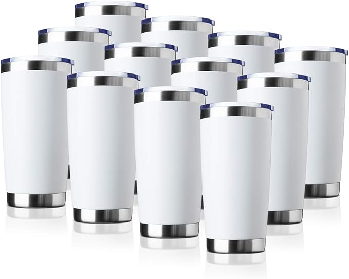 20oz Tumbler Bulk Stainless Steel Vacuum Insulated Tumblers with Lid Double Wall Travel Mug, Durable Powder Coated Coffee Cup, Suitable for Ice Drinks and Hot Beverage (White 12pack)