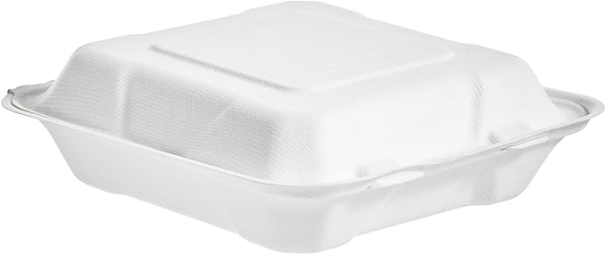 CIAO! 8"x8"x3" Clamshell 1 Compartment 100% Compostable Ecofriendly PFAS Free Unbleached Bagasse Natural White (200/case)