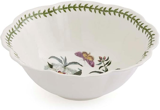 Portmeirion Botanic Garden Lotus Salad Bowl - Flower Shape, Scalloped Rim, Floral Spanish Gum Design with Butterflies - 10.5" Porcelain Dish, Laurel Leaf Border - Oven, Microwave, Dishwasher Safe