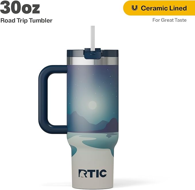RTIC 30 oz Road Trip Tumbler Double-Walled Ceramic Lined InsulatedStainless Steel Portable Travel Coffee Mug Cup with Lid, Handle and Straw, Starry Night