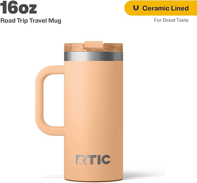 RTIC 16oz Road Trip Travel Mug with Lid and Handle, Ceramic Lined, Insulated, Stainless Steel, Metal, Double Wall Vacuum-Insulation, Portable Coffee, Tea Cup for Hot and Cold Drink, Peach Tea