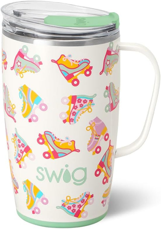 Swig Life 18oz Travel Mug, Insulated Tumbler with Handle and Lid, Cup Holder Friendly, Dishwasher Safe, Stainless Steel, Travel Coffee Cup (Roller Rink)