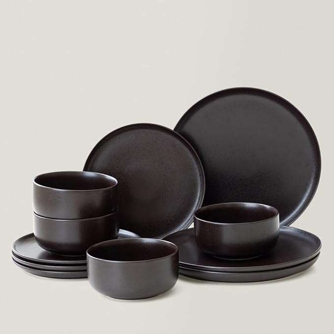 Stoneware Plates and Bowls Set - 12pcs Reactive Glazed Dinnerware Service for 4, Scratch & Chip Resistant(Ink Spot Brown)