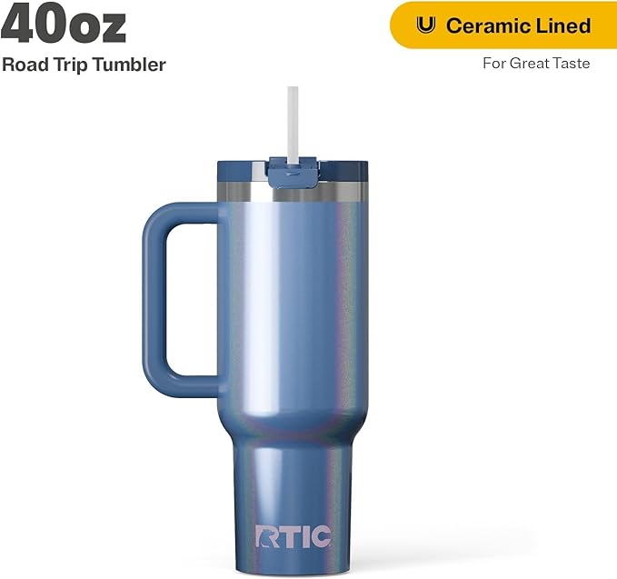 RTIC 40 oz Road Trip Tumbler Double-Walled Cermaic Lined Insulated Stainless Steel Portable Travel Coffee Mug Cup with Lid, Handle and Straw, Pond Glitter