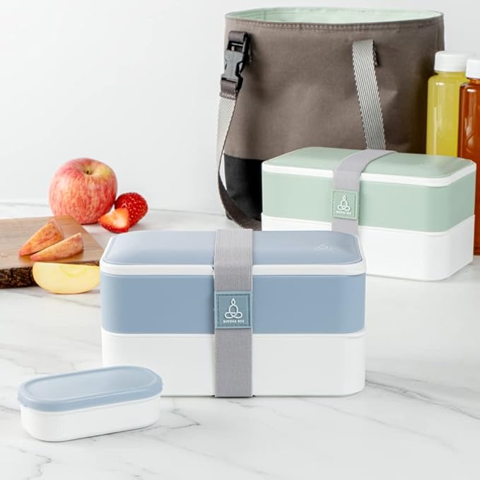 Restaurantware Bento Tek 40.5 Ounces Stackable Lunch Box 1 Reusable Adult Lunch Container - With Utensils Included Sauce Cup Blue & White Plastic Layered Lunch Box Microwavable Dishwashable