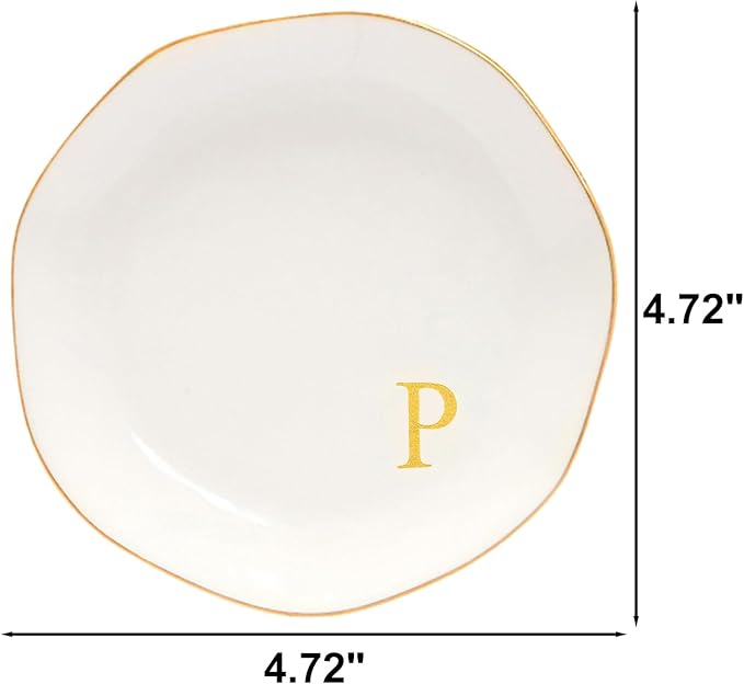 Ceramic Jewelry Tray Initial Ring Dish Personalized P-Monogrammed Engagement Wedding Gifts, for Birthday Mother's Day Christmas for Women, Ceramic White 4.75" (P)