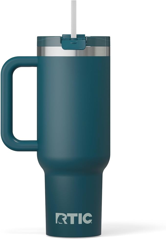 RTIC 40 oz Road Trip Tumbler Double-Walled Cermaic Lined Insulated Stainless Steel Portable Travel Coffee Mug Cup with Lid, Handle and Straw, Marine