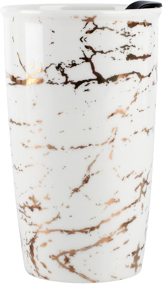 ANTIS'S HOME Ceramic Coffee Mug with Lid, Marble Gold Double Wall Coffee Travel Mug Ceramic Tumbler 12 oz, Reusable Tall Cup, Splash Resistant Lid, Dishwasher Microwaveable Safe
