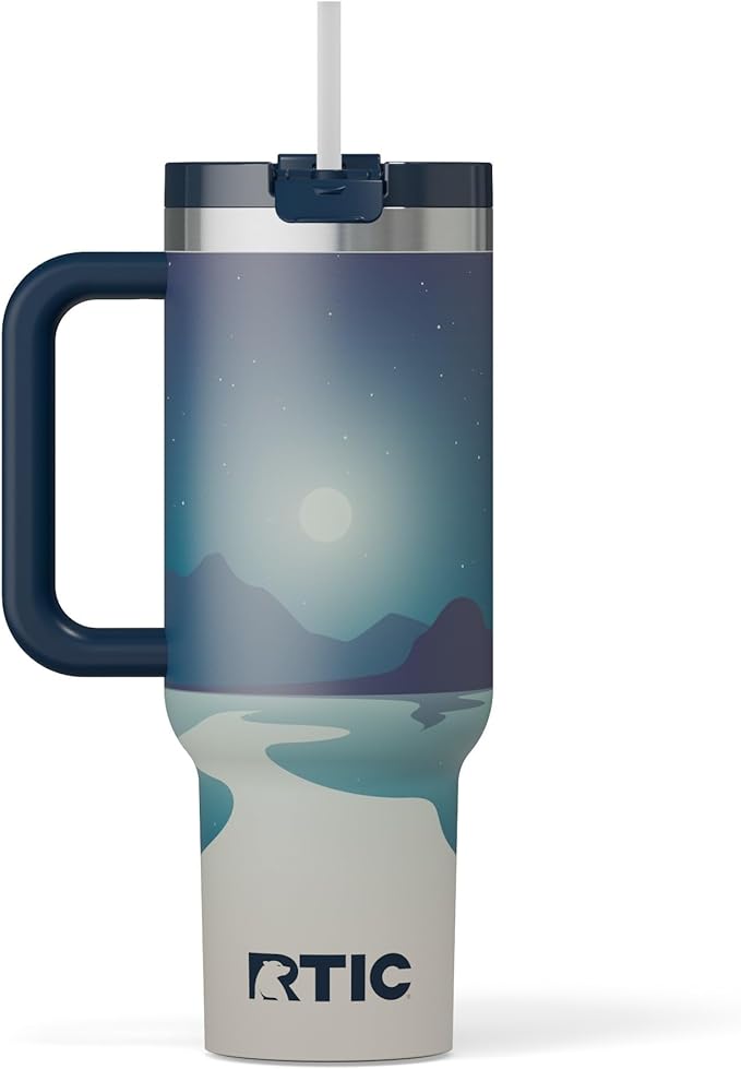 RTIC 40 oz Road Trip Tumbler Double-Walled Cermaic Lined Insulated Stainless Steel Portable Travel Coffee Mug Cup with Lid, Handle and Straw, Starry Night