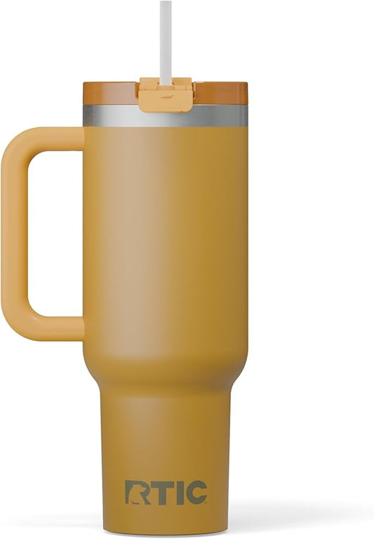 RTIC 40 oz Road Trip Tumbler Double-Walled Cermaic Lined Insulated Stainless Steel Portable Travel Coffee Mug Cup with Lid, Handle and Straw, Harvest