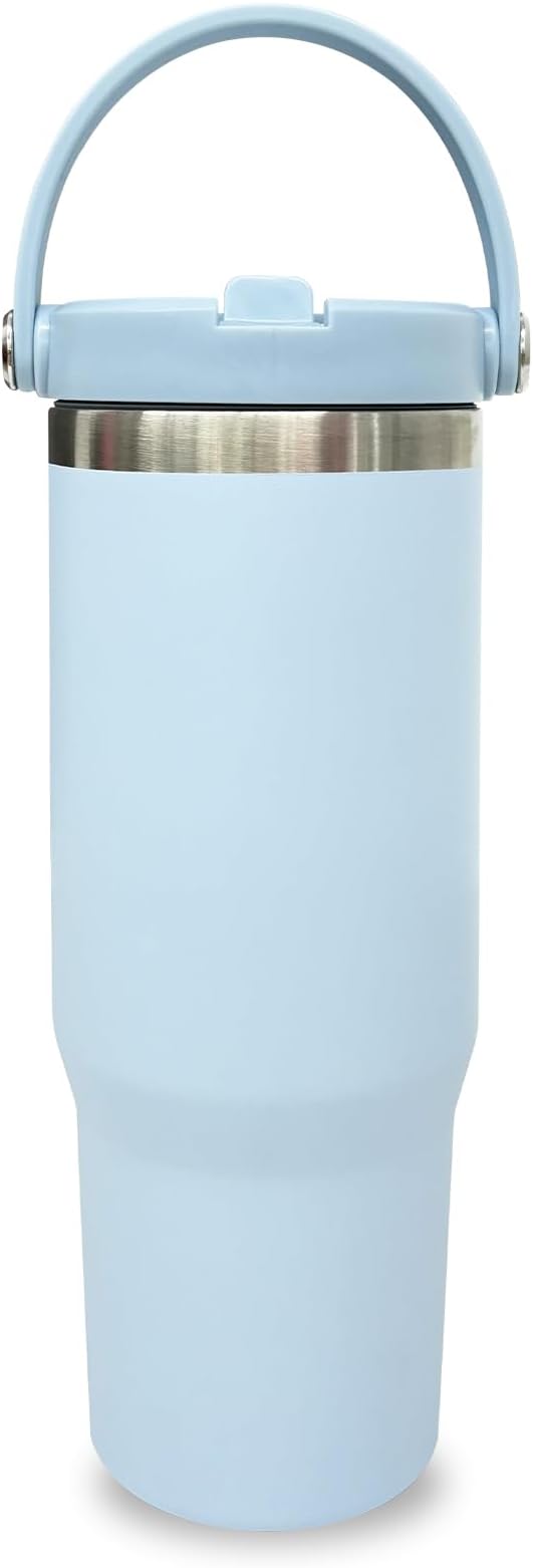 30 oz Tumbler with Top Handle, Double Wall Vacuum Insulated Tumbler with Flip Straw, Travel Coffee Mug 30oz Powder Coated Cup for Laser Engraving (Blue,1 pack)