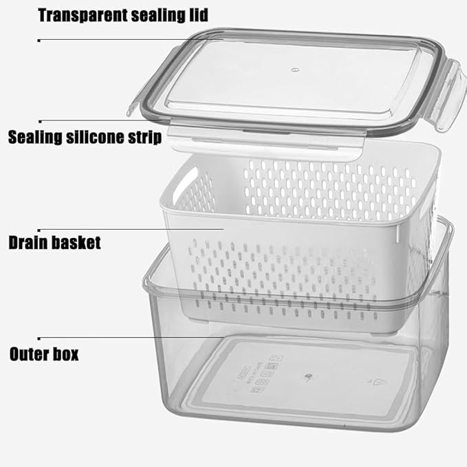 Relativityi Transparent Plastic Food Storage Containers, Relativityi Household Transparent Plastic Food Storage Box-Including Drain Basket with Removable Colander (Gray, S+M+L)