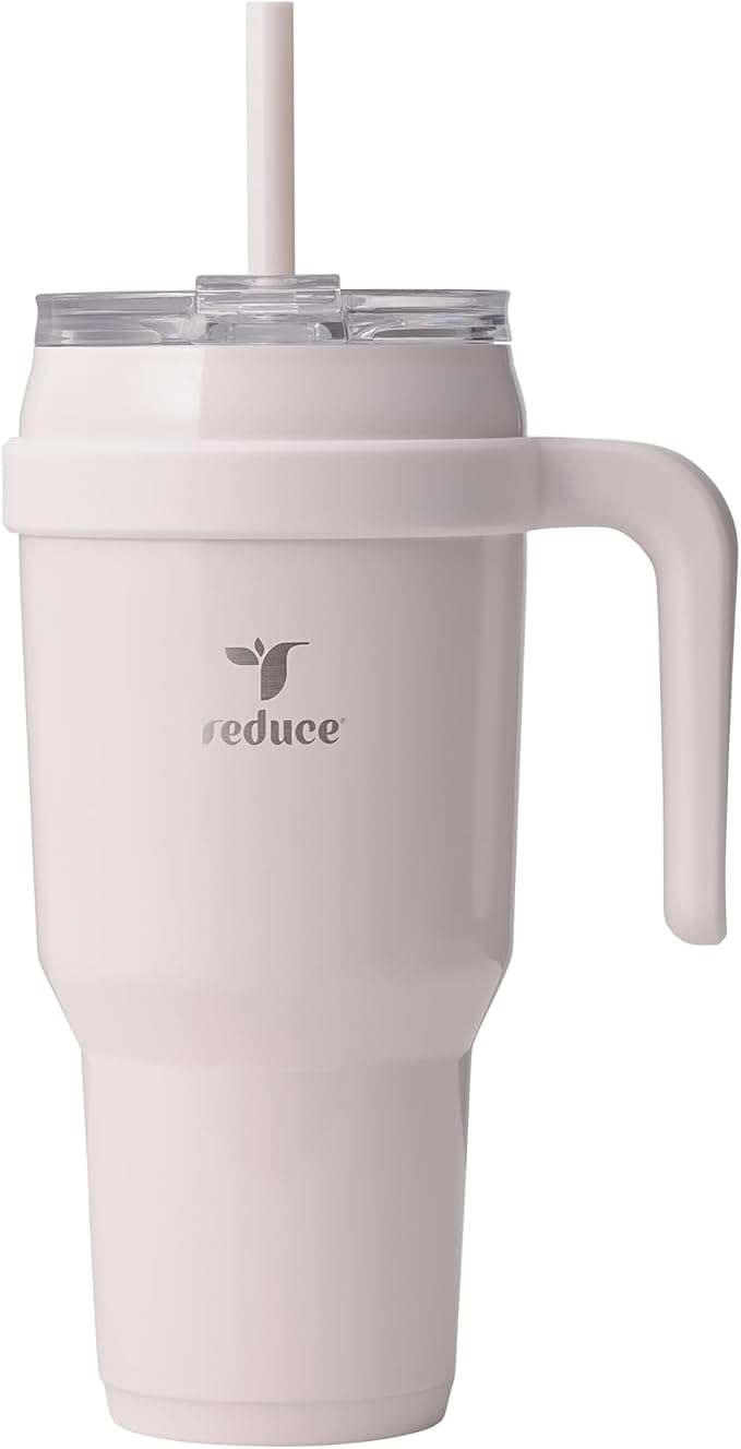 REDUCE Cold1 40 oz Tumbler with Handle - Vacuum Insulated Stainless Steel Water Bottle for Home, Office or Car, Reusable Mug with Straw or Leakproof Flip Lid, Keeps Drinks Cold All Day- Gloss Cotton