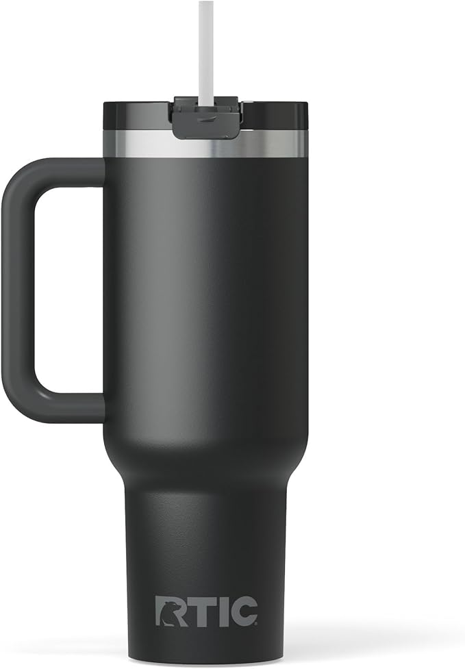 RTIC 40 oz Road Trip Tumbler Double-Walled Cermaic Lined Insulated Stainless Steel Portable Travel Coffee Mug Cup with Lid, Handle and Straw, Black
