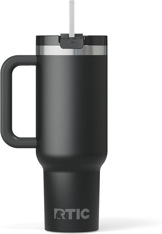 RTIC 40 oz Road Trip Tumbler Double-Walled Cermaic Lined Insulated Stainless Steel Portable Travel Coffee Mug Cup with Lid, Handle and Straw, Black