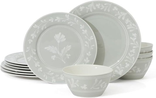 Martha Stewart Maiden Crown 12-Piece Sage Green Dinnerware Set – Vegan Bone China Ceramic Plates & Bowls – Floral Design – Service for 4 – Microwave & Dishwasher Safe