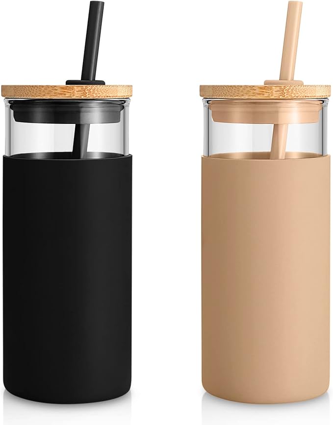 Tronco 20 oz Glass Tumbler with Lid and Straw, Iced Coffee Cup and Smoothie Cup with Bamboo Lids & Protective Silicone Sleeve, Dishwasher Safe, BPA-Free, Glass Cup 2 Pack