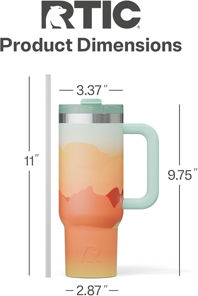 RTIC 30 oz Road Trip Tumbler Double-Walled Ceramic Lined InsulatedStainless Steel Portable Travel Coffee Mug Cup with Lid, Handle and Straw, Desert Sunset