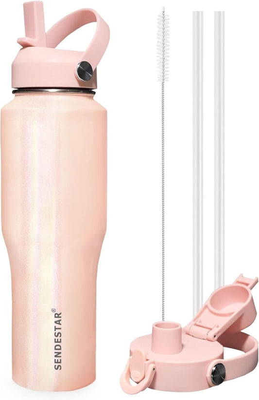 SENDESTAR 40oz Stainless Steel Water Bottle(Cold for 48 Hrs, Hot for 24 Hrs),Double Wall Vacuum Insulated Bottle with Straw Lid, Spout Lid and Flex Cap, Fit in Any Car Cup Holder TXIN-40-Laser Pink