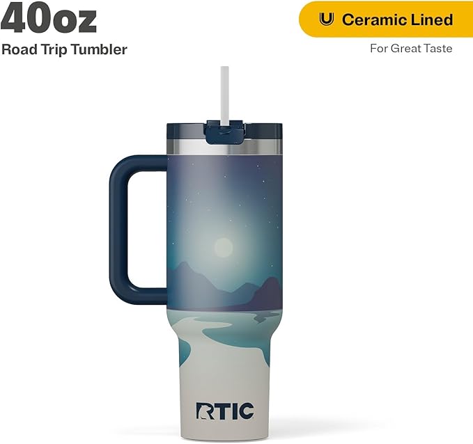 RTIC 40 oz Road Trip Tumbler Double-Walled Cermaic Lined Insulated Stainless Steel Portable Travel Coffee Mug Cup with Lid, Handle and Straw, Starry Night