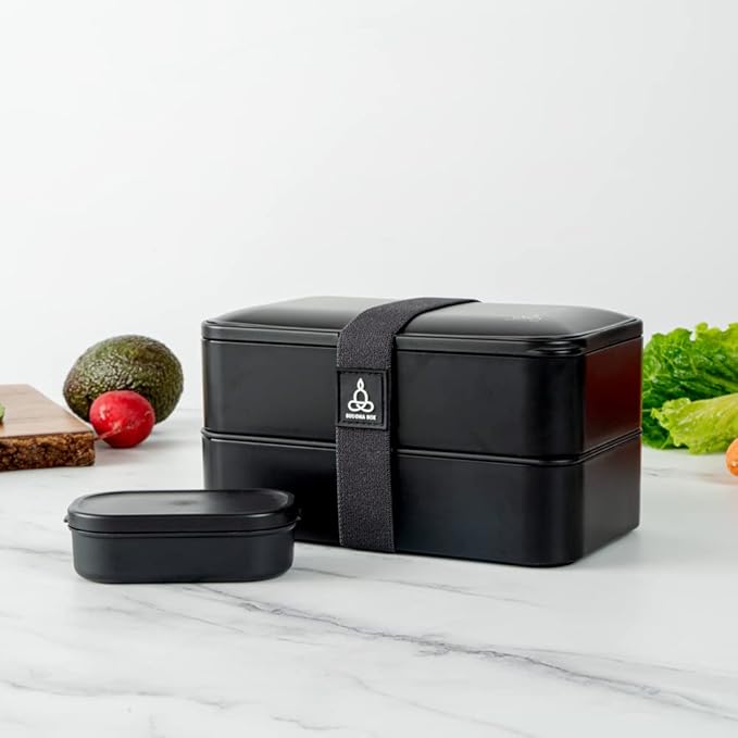 Restaurantware Bento Tek 40.5 Ounces Stackable Lunch Box 1 Reusable Adult Lunch Container - With Utensils Included Sauce Cup Black Plastic Layered Lunch Box Microwavable Dishwashable