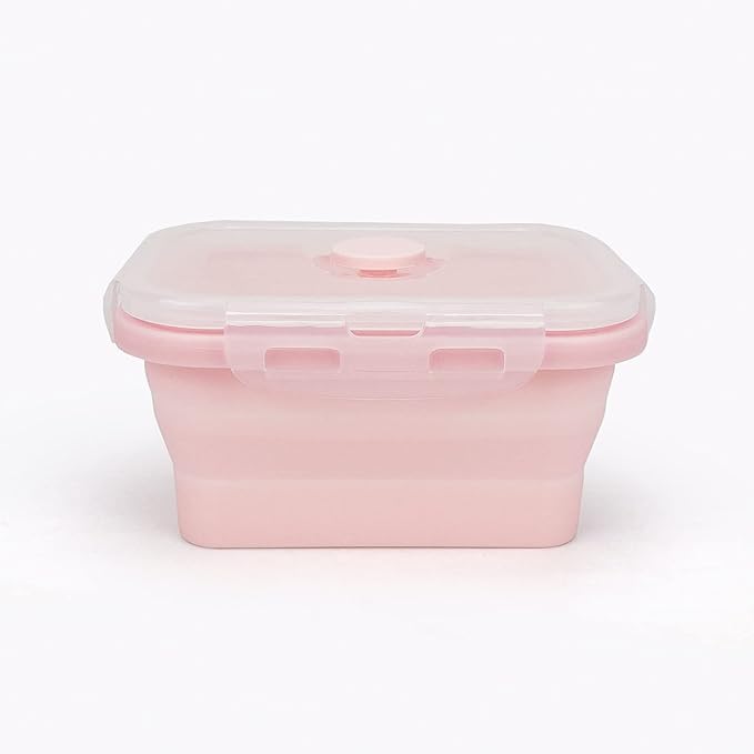 CCyanzi 3piece Collapsible Food Storage Containers with Lids, Silicone Lunch Container, Microwave & Freezer Safe, Space Saving for Kitchen Cabinet and Camping Backpack,(pink)