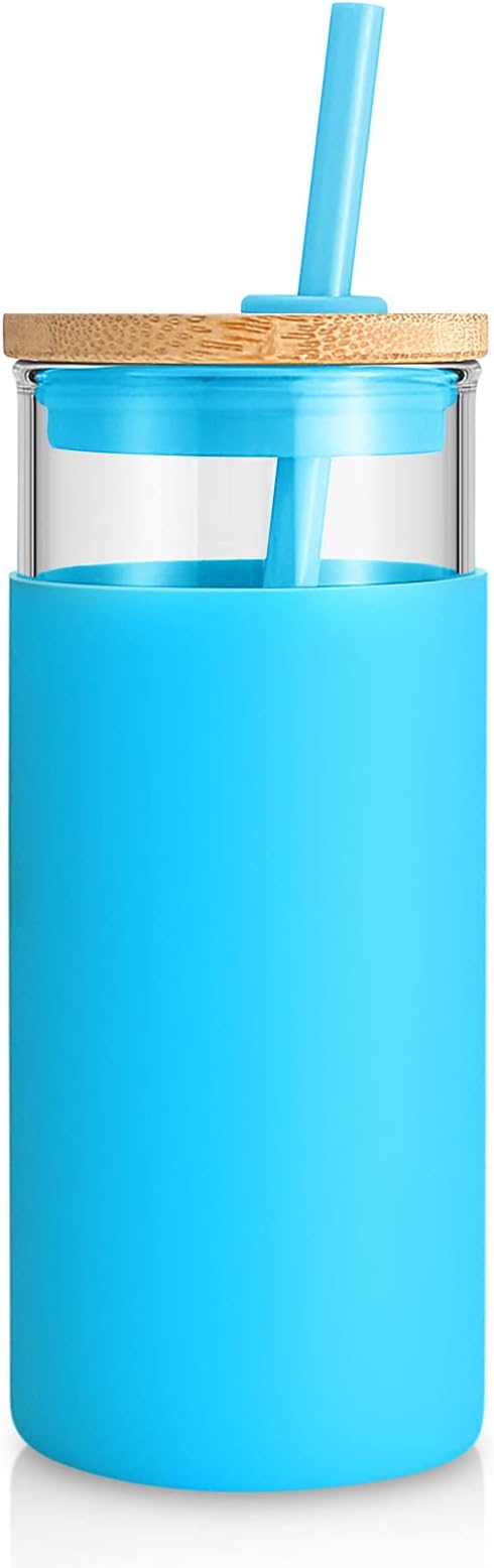 Tronco 20 oz Glass Tumbler with Lid and Straw, Iced Coffee Cup and Smoothie Cup with Bamboo Lids & Protective Silicone Sleeve, Dishwasher Safe, BPA-Free, Glass Cup 1 Pack