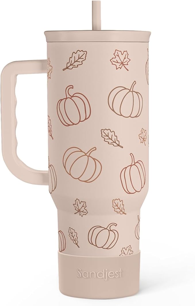 Pumpkin Tumbler with Handle and Straw 40oz – Stainless Sleel Slider Tumbler Travel Coffee Mug for Women - Gift Idea for Fall Autumn Halloween