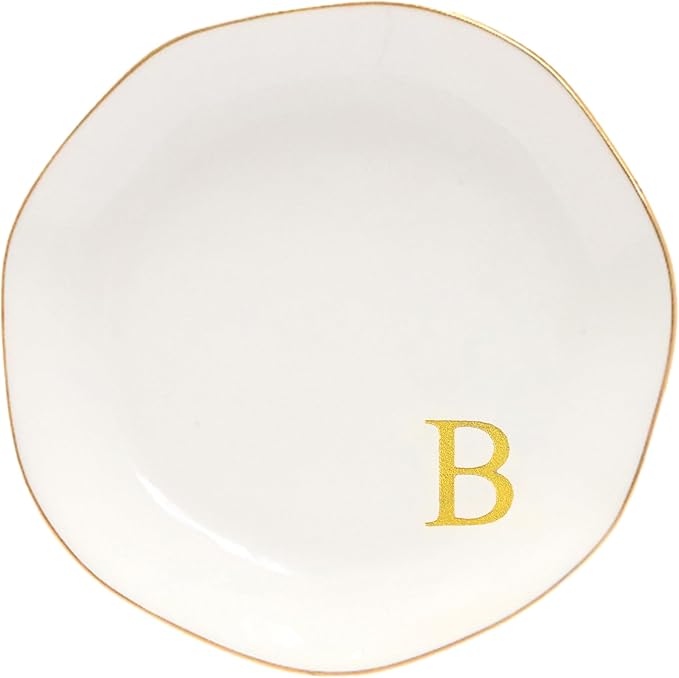 Ceramic Jewelry Tray Initial Ring Dish Personalized B-Monogrammed Engagement Wedding Gifts, for Birthday Mother's Day Christmas for Women, Ceramic White 4.75" (B)