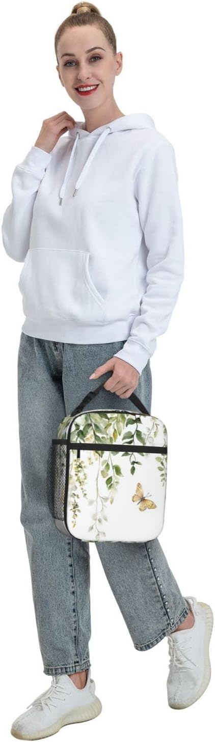 SUPLUCHOM Lunch Bag Butterfly Watercolor Botanical Leaf Insulated Bento Box Cooler with Side Pocket for Girl Boy Women Men Work School Picnic Hiking Daytrip
