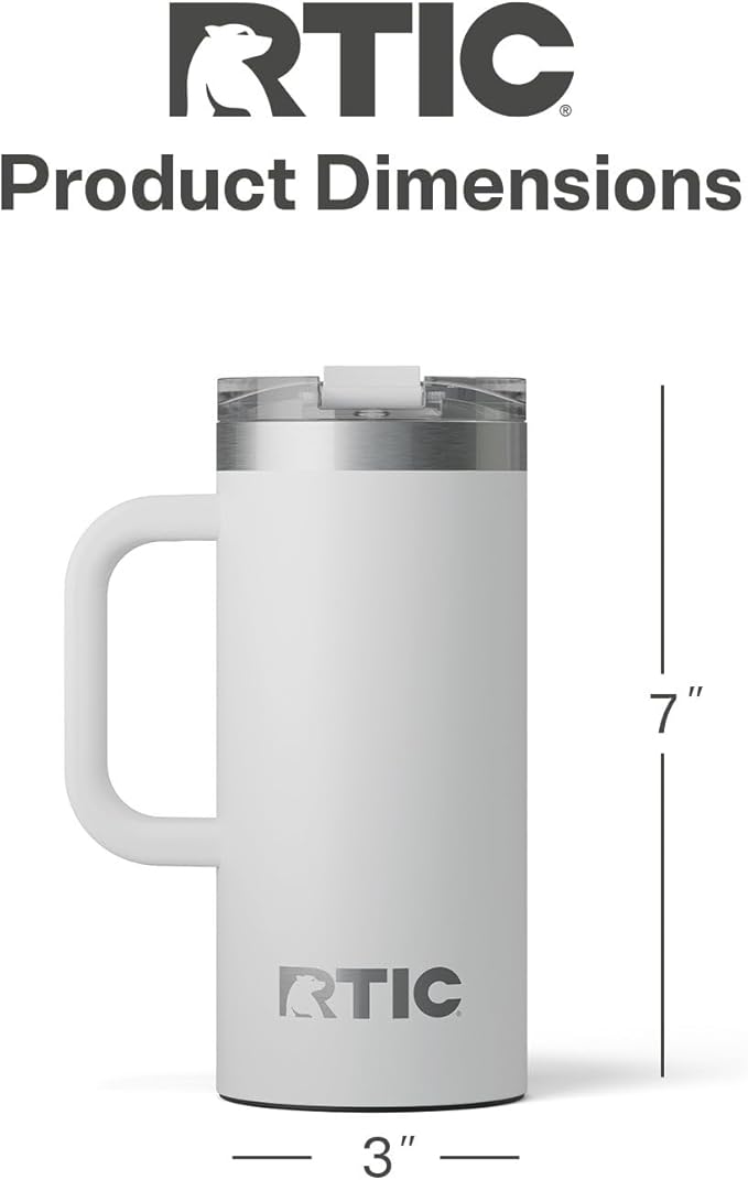 RTIC 16oz Road Trip Travel Mug with Lid and Handle, Ceramic Lined, Insulated, Stainless Steel, Metal, Double Wall Vacuum-Insulation, Portable Coffee, Tea Cup for Hot and Cold Drink, Cool Grey